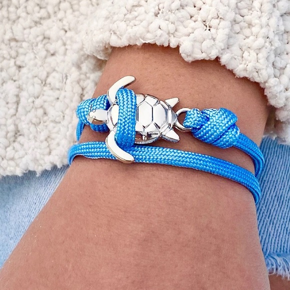 LAST 1 ‼️ NWT 🐢🏝 ECO-FRIENDLY SILVER SEA TURTLE SKY BLUE STRETCH ROPE BRACELET - Picture 3 of 6